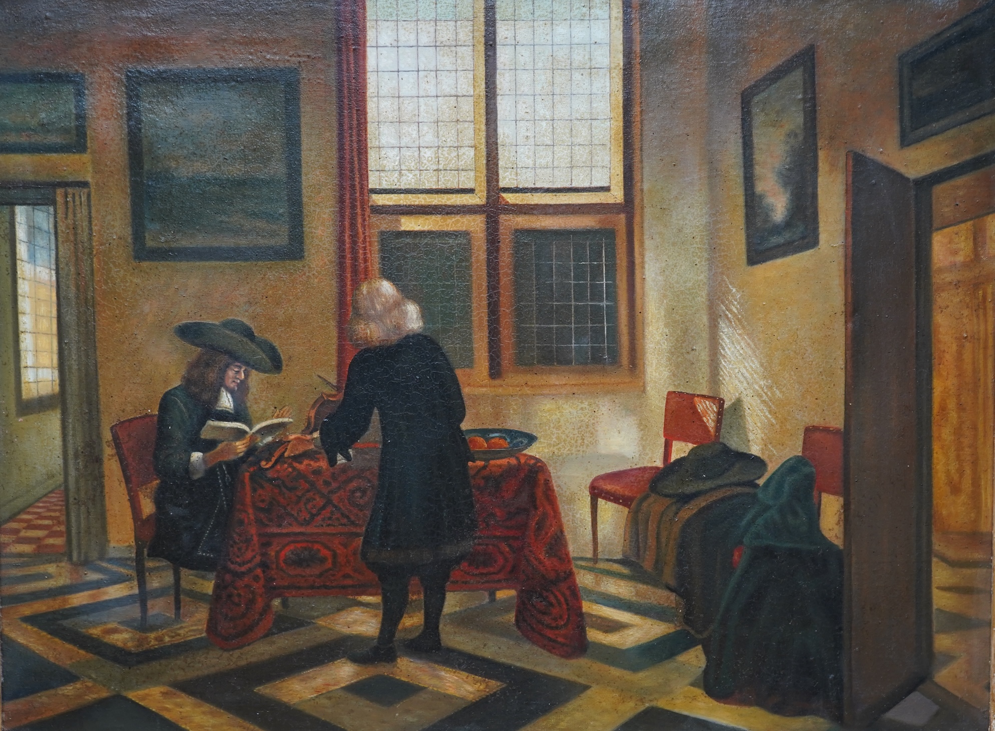 After Pieter Janssens Elinga (Dutch, 1623-1682), Interior scene, oil on canvas, 59 x 77cm